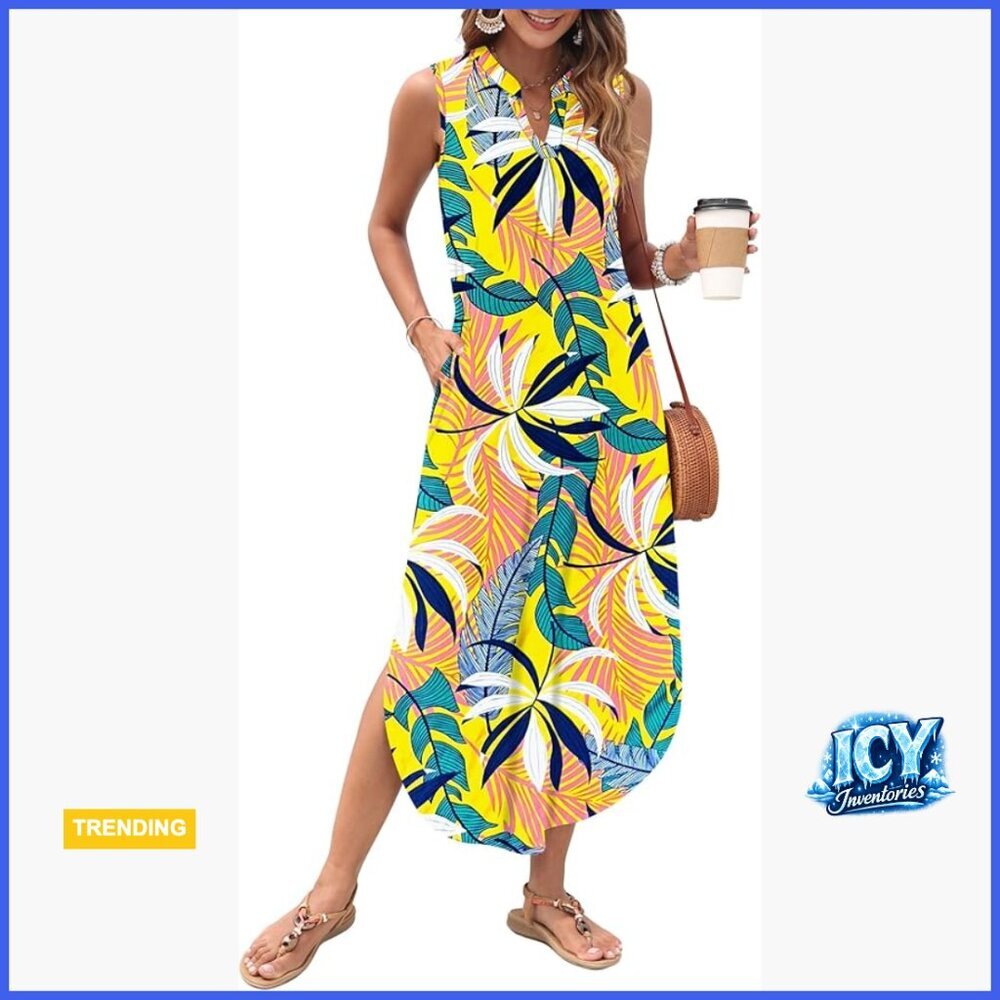 Summer Casual Maxi Dress Sleeveless V Neck Loose Fit with Pockets